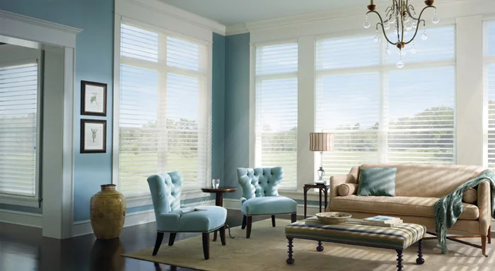 Sheer shades filtering light across tall living room windows