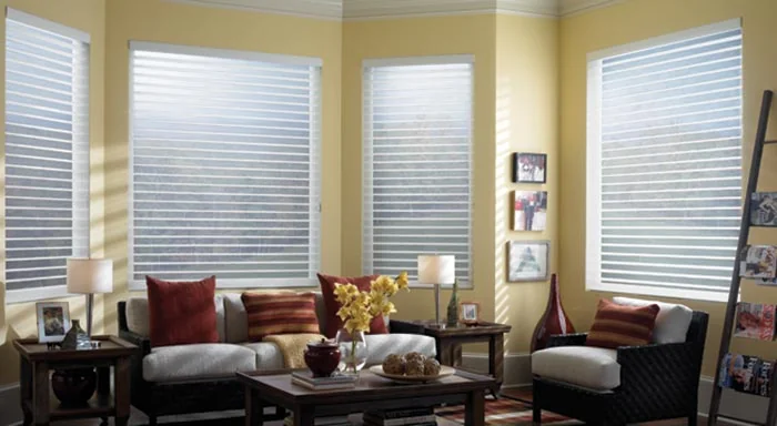 White sheer shades covering tall living room windows