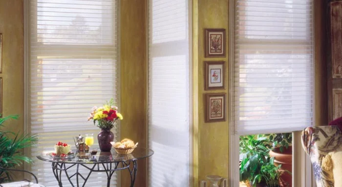 Sheer shades with horizontal vanes above a sitting area