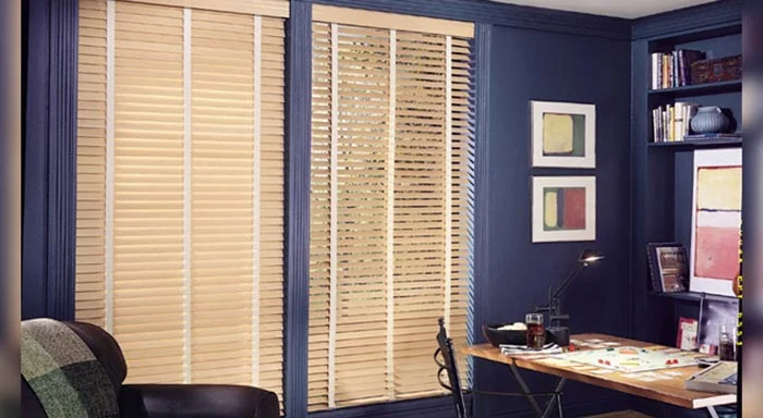Light basswood blinds in a home office